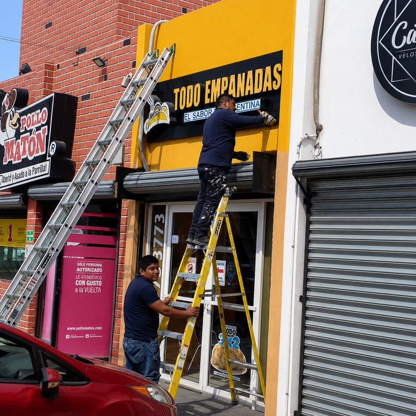 Equipo trabajando en fachada de local comercial